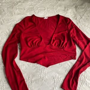 Garage Red V-Neck Long Sleeve Crop Top